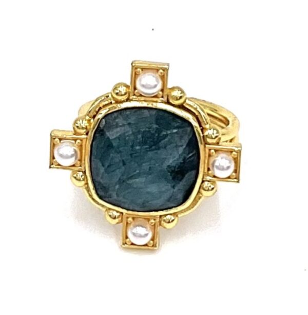 ARGELOUSE BAGUE MINUIT LAITON PLAQUE OR SILLIMANITE EMERAUDE